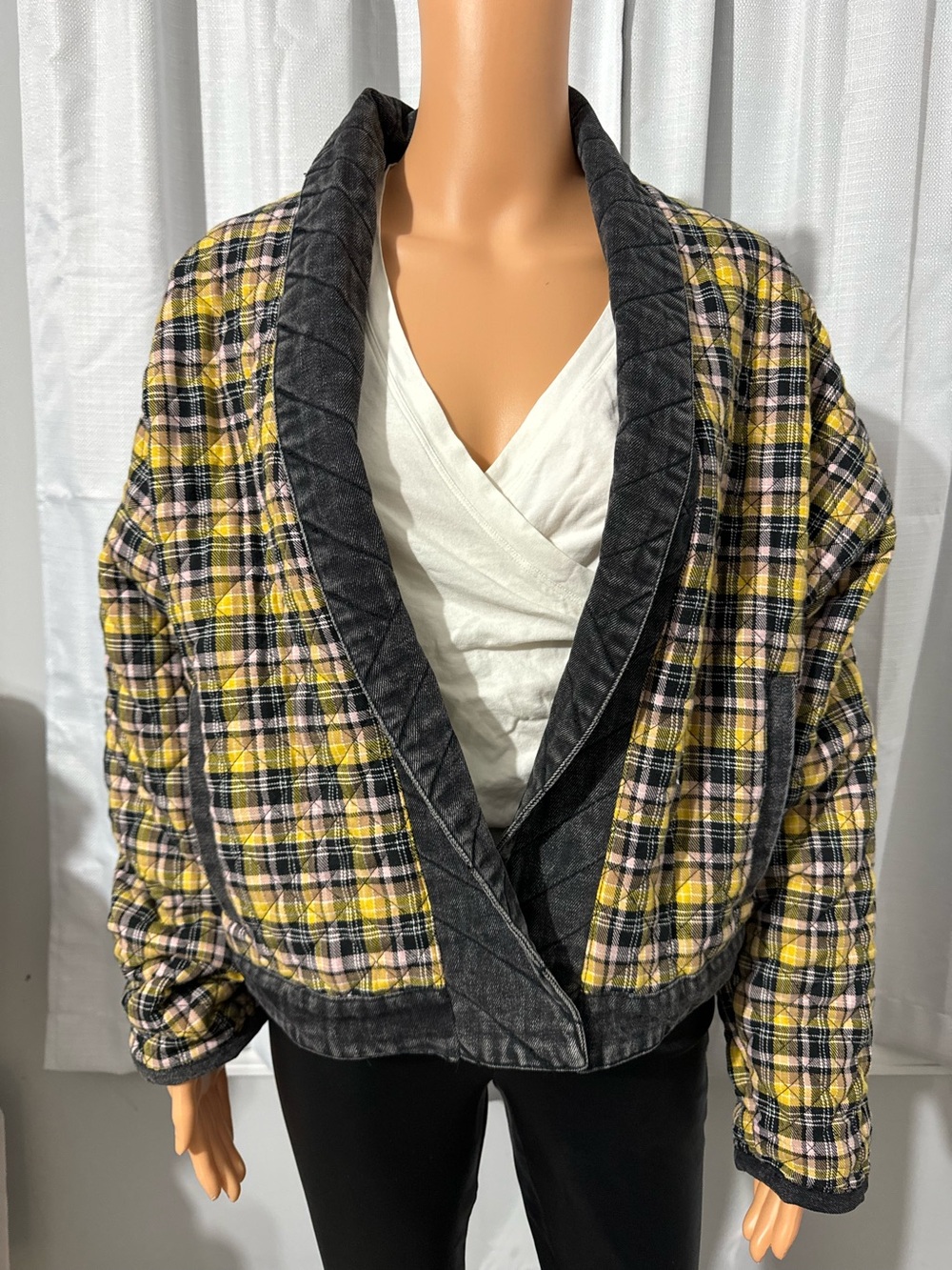 Cool BlankNYC size L washed black denim yellow plaid quilted snap close jacket